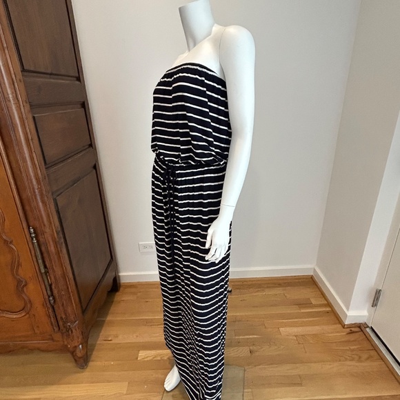 J Crew Navy Blue/White Striped Strapless Maxi Dress with tie waist & pockets- M - Picture 2 of 6